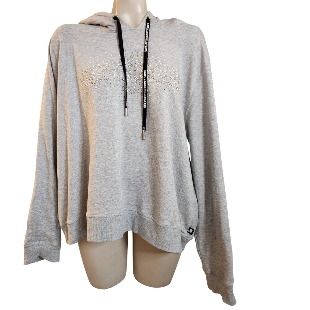 Karl Lagerfeld Paris Gray‎ Rhinestone Logo Hoodie Sweatshirt XL XL/EG/TG